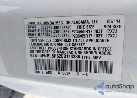 2014 Honda Odyssey Ex-L из США, поврежденный, VIN 5FNRL5H62EB114336